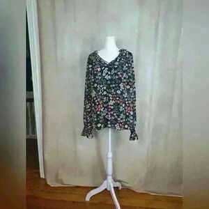 VICI flora chiffon v neck long sleeve blouse top Sz L boho black